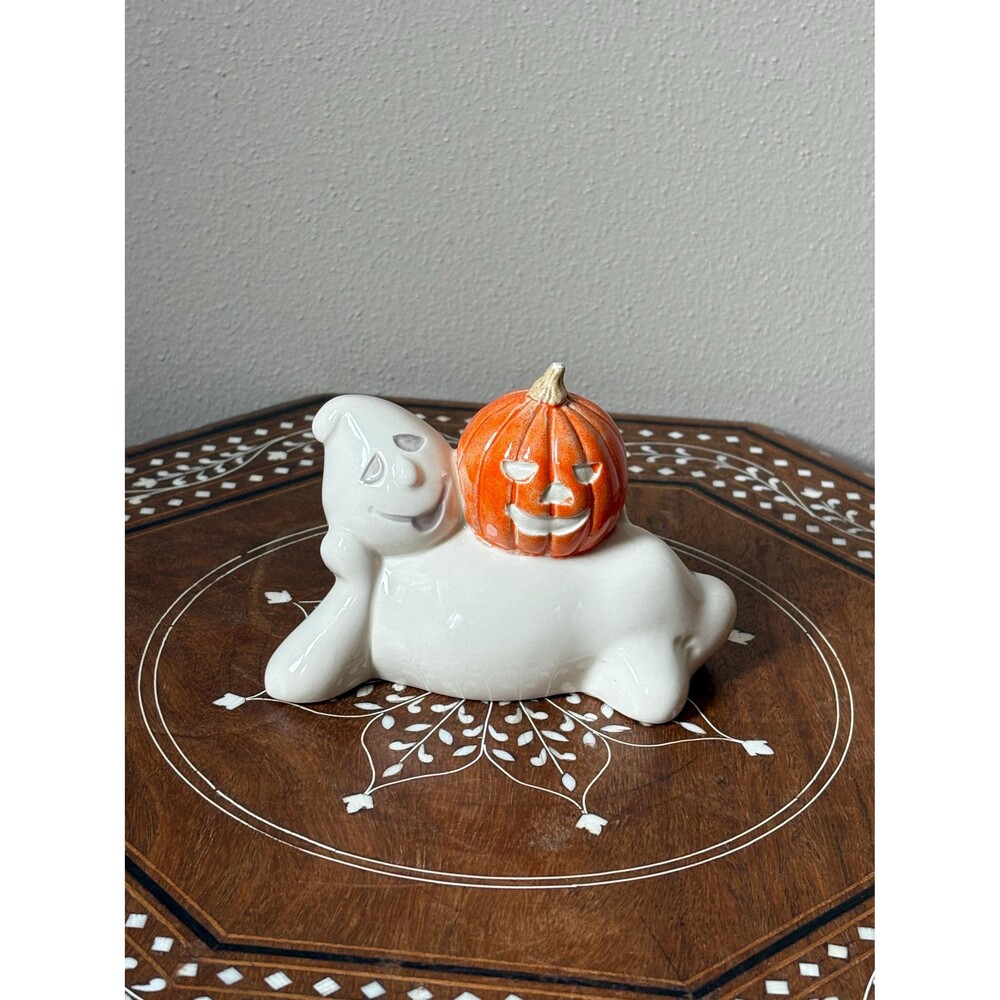 Vintage Porcelain Ghost Figurine With Jack O’Lantern Pumpkin